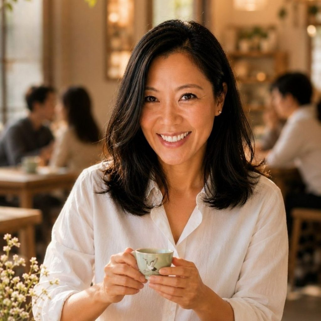 Mujer sonriendo con taza